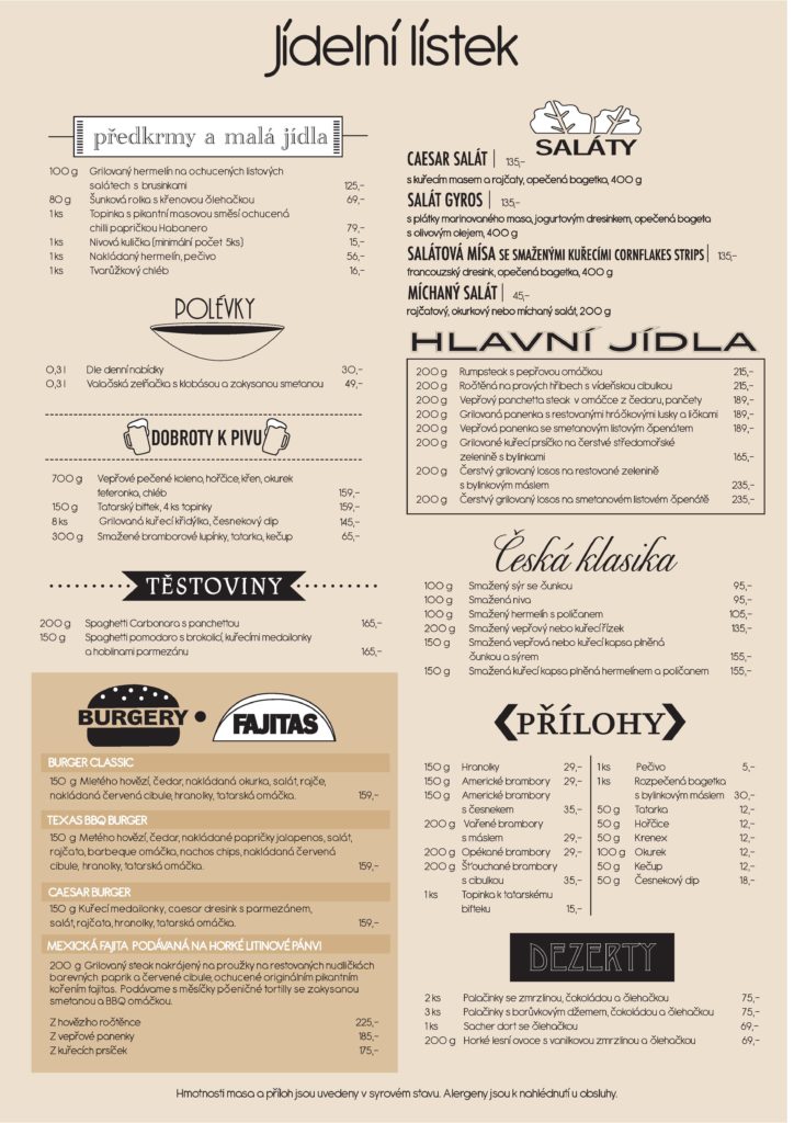 Jídelní lístek Piccolo Bar & Restaurant